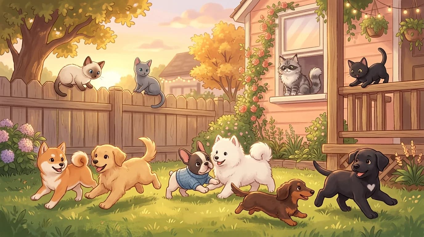 Puppies racing across a sunny backyard lawn while kittens watch from the fence top, a windowsill and the porch railing.