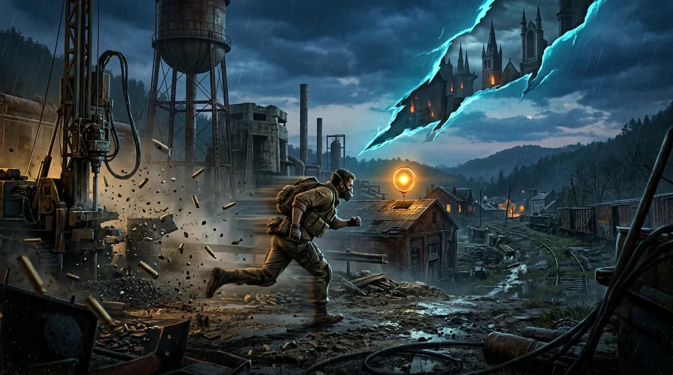 A runner sprints through a derelict company town toward a glowing amber anchor while a cold blue tear in the sky shows gothic towers from another world.